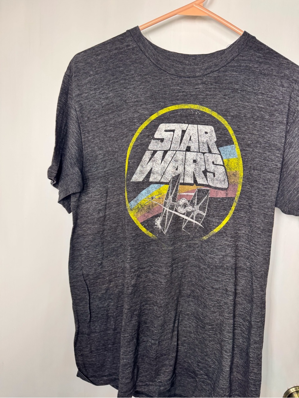 Star Wars Heather Gray Short Sleeve Tee with Yellow and Multicolor Retro Logo